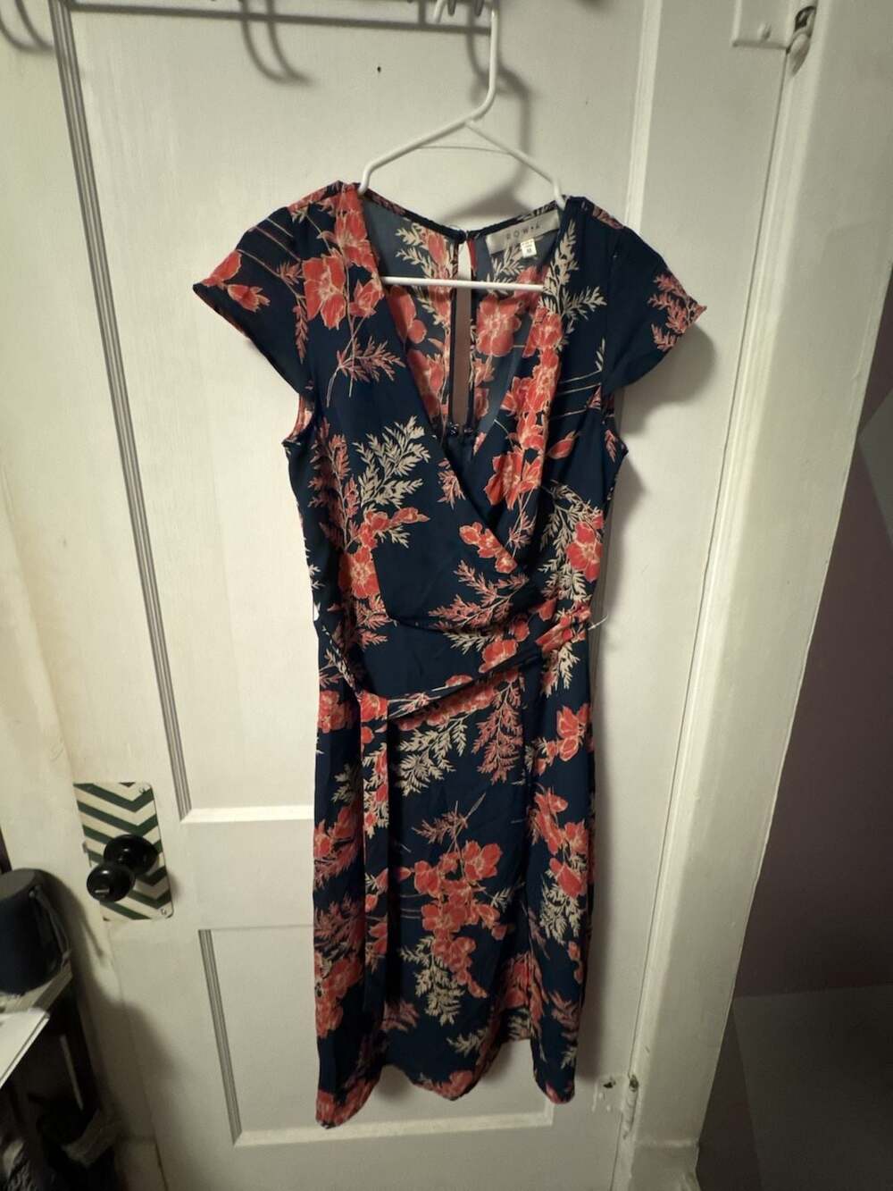 Row A Navy Blue Floral Short Sleeve Wrap Midi Dress Size M